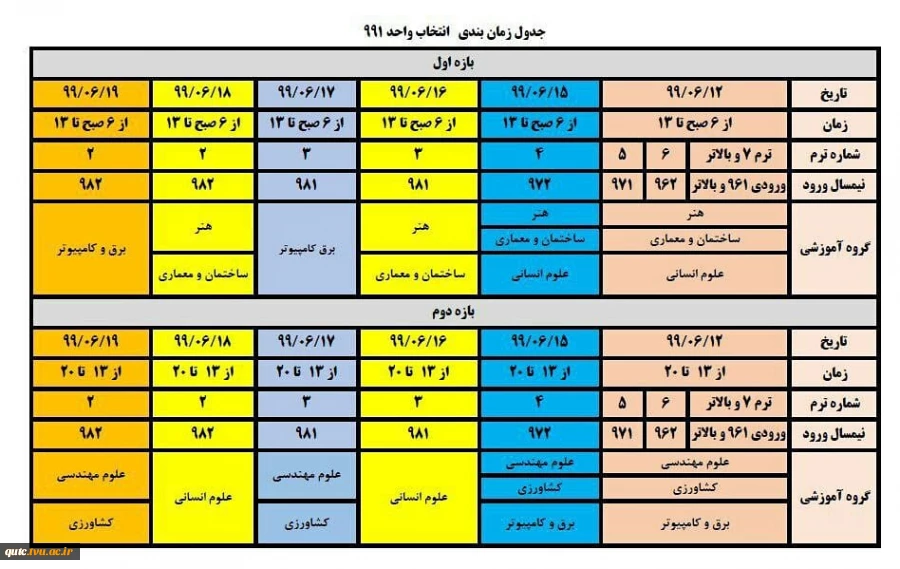 جدول زمان بندی بازه اول و دوم و سوم انتخاب واحد نیمسال ۹۹۱ 2