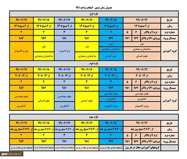 جدول زمان بندی بازه اول و دوم و سوم انتخاب واحد نیمسال ۹۹۱ 5