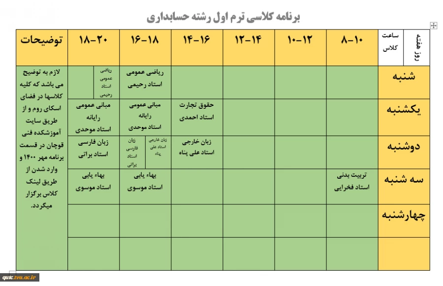 برنامه کلاسی ترم اولی های پسران (کاردانی) دانشکده فنی شهید رجایی قوچان اعلام می گردد 2