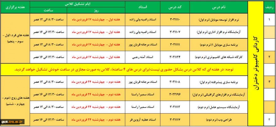 برنامه کلاسهای حضوری ویژه دختران - هفته اول 2