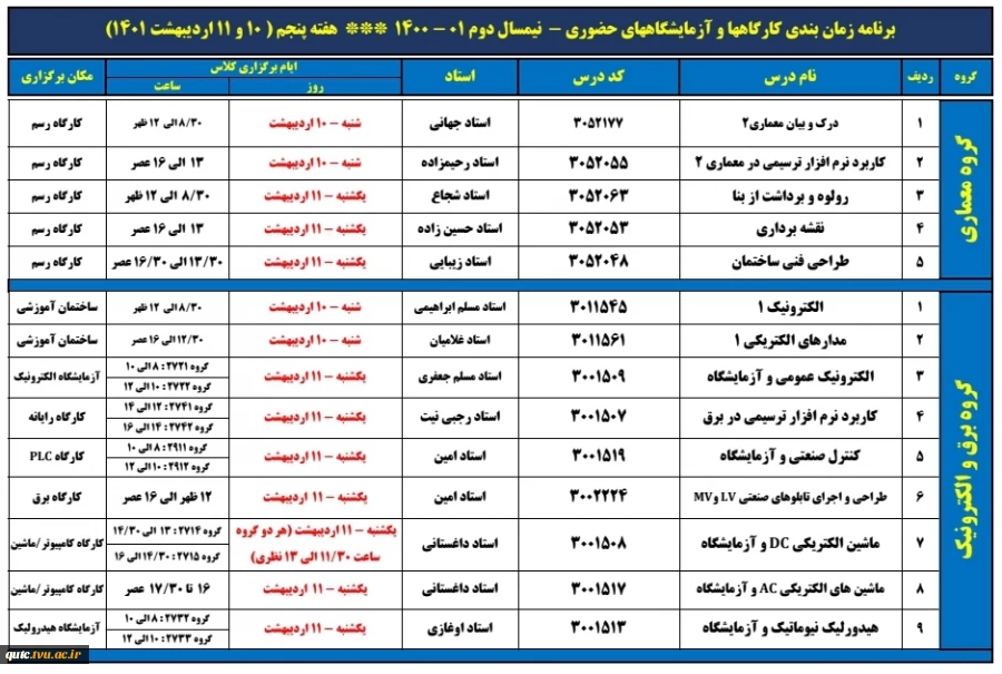 برنامه حضوری کارگاهها و آزمایشگاهها (ویژه پسران)  2