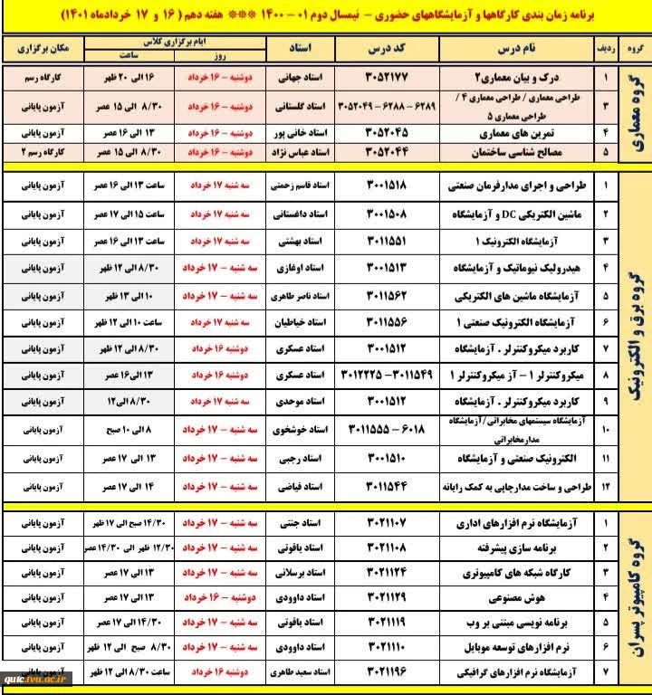 برنامه هفتگی و امتحانات دروس عملی هفته دهم (پسران) 2