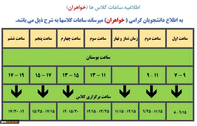 اطلاعیه ساعات کلاس ها (خواهران):
 2